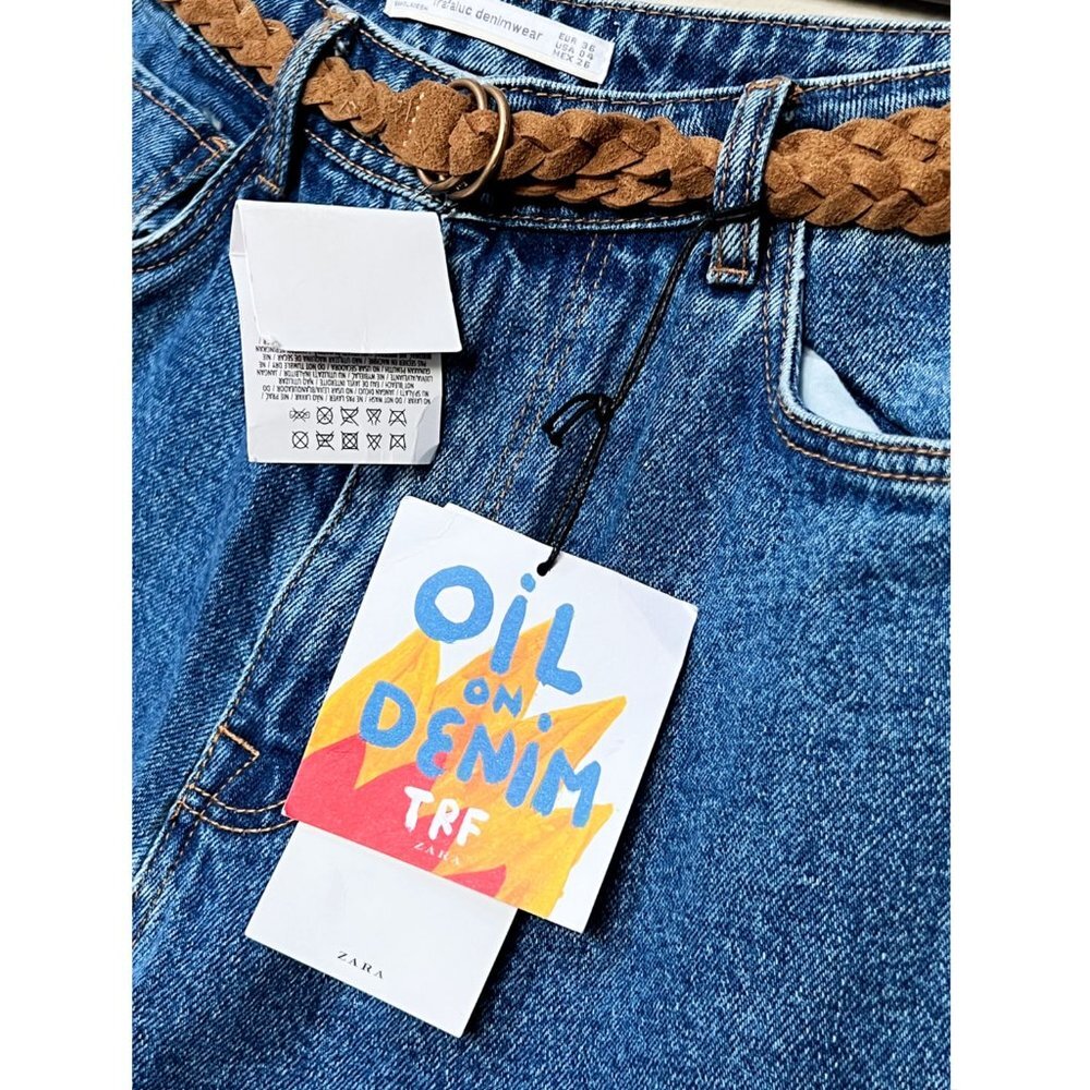 NEW TRF Zara x Ricardo Cavolo Hand Oil Painted Mom Jeans 4 + Belt Dark Wash Rare - Picture 8 of 16